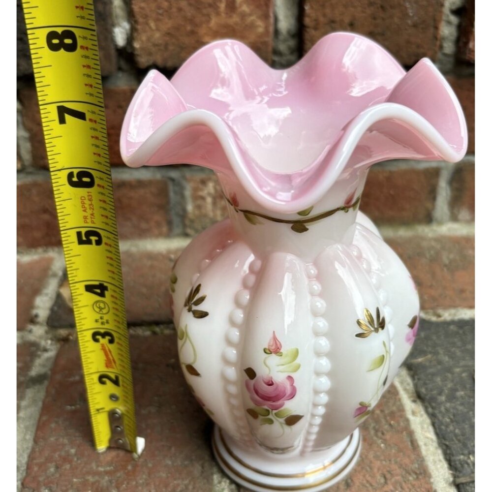 Fenton Rosalene Charleton Collection Hand Painted Beaded Melon Vase 2002 Signed - Picture 9 of 9